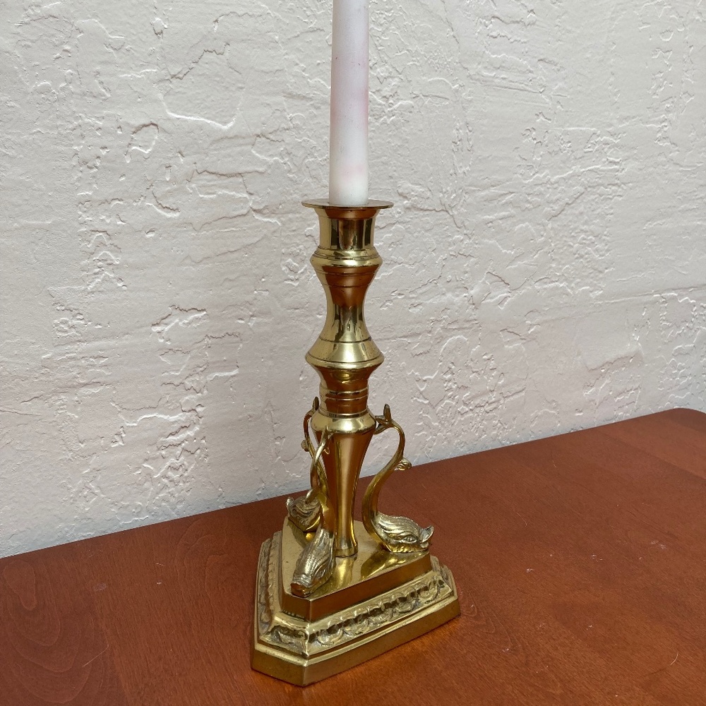 Vintage Solid Brass Candlestick Holder with Carved Fish Heads - Candle Included